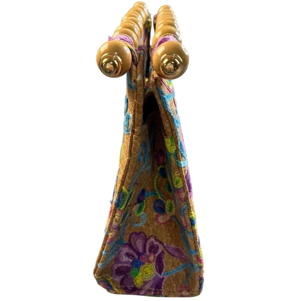 Floral Embroidered Cork Handbag Wooden Bead‎ Top Handle Satchel Tan Multi